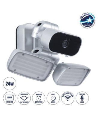 GloboStar® 86043 Προβολέας LED SMD 24W 2160lm με IP Camera 1080P 2MP WiFi 150° Μοιρών - AC 230V - με Αισθητήρα Ημέρας-Νύχτας & Ρύθμιση Χρόνου Ανάμματος - Αδιάβροχος IP66 Ψυχρό Λευκό 6000K - Ασημί